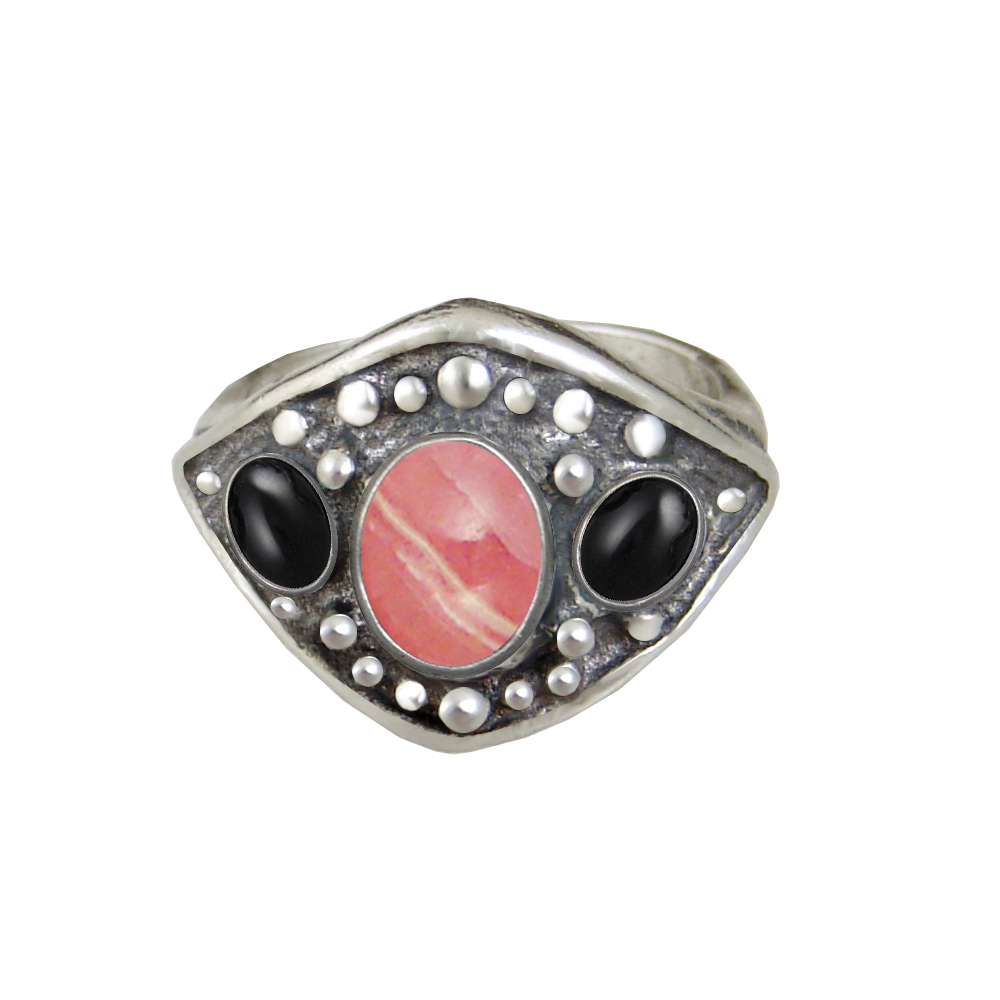 Sterling Silver Medieval Lady's Ring with Rhodocrosite And Black Onyx Size 9